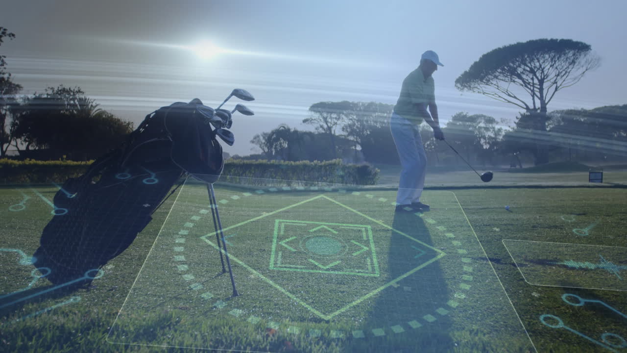 Preparing to swing, golfer with animation overlay on golf course