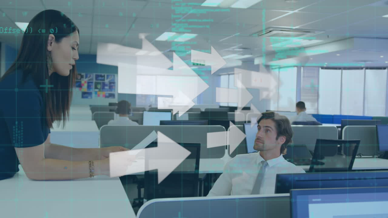사무실에서 다양한 동료 직원들에 대한 화살표 애니메이션