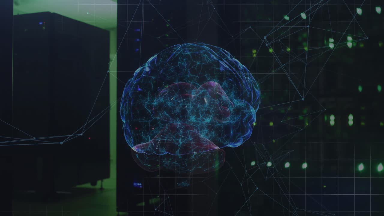 Animation of connections and digital brain over server room