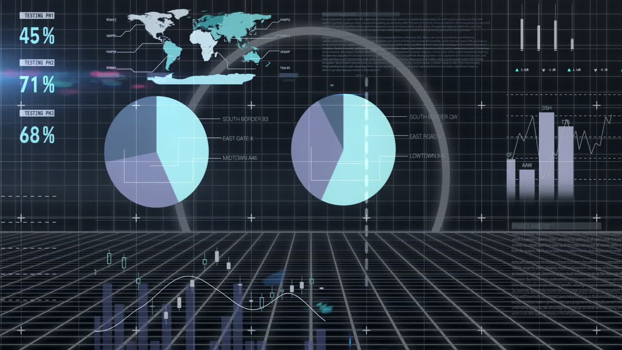 Analyzing global data with charts and animation on digital grid background