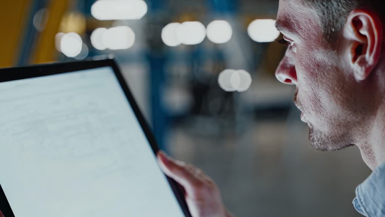 Ingegnere che esamina disegni tecnici su tablet in una fabbrica