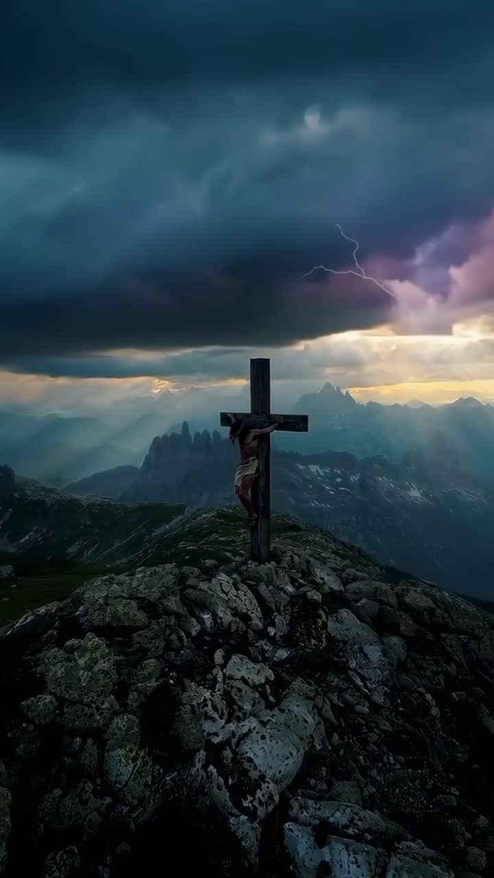 Fotograma de vídeo dramático de una cruz en la cima de una montaña al atardecer, capturado desde un ángulo bajo