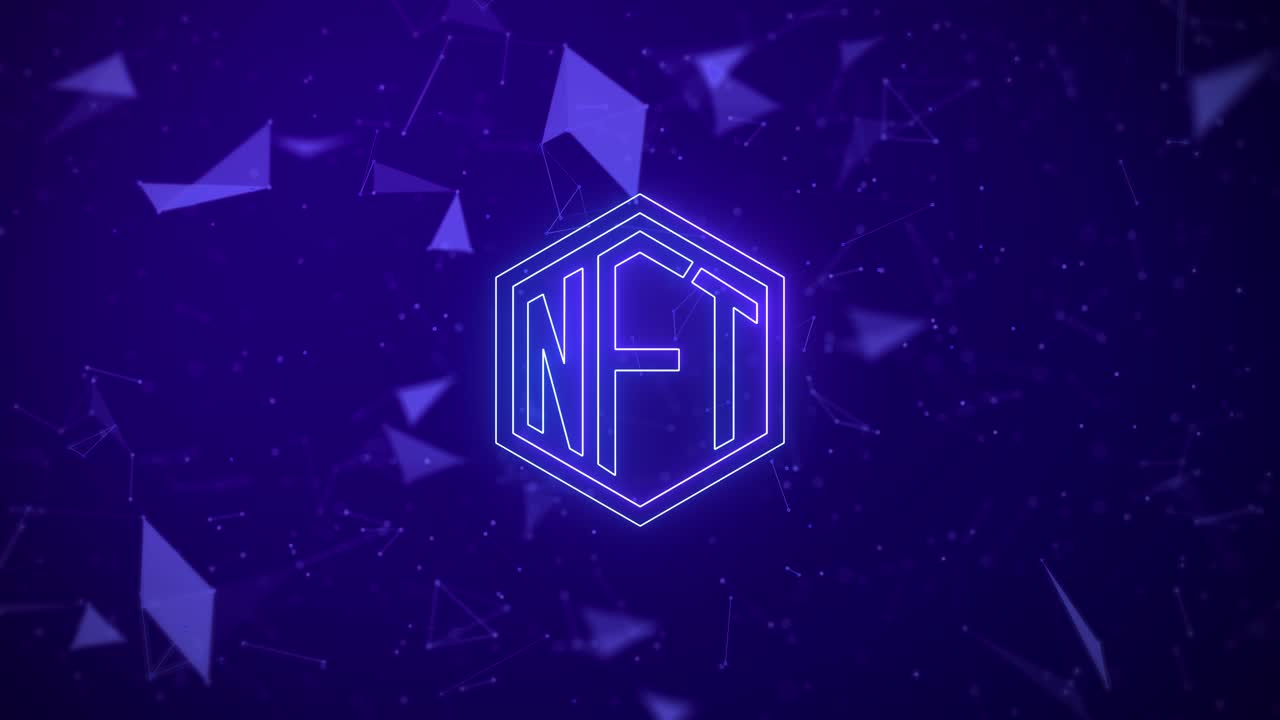 NFT non-fungible tokens krypto-kunst på blå abstrakt plexus-baggrund