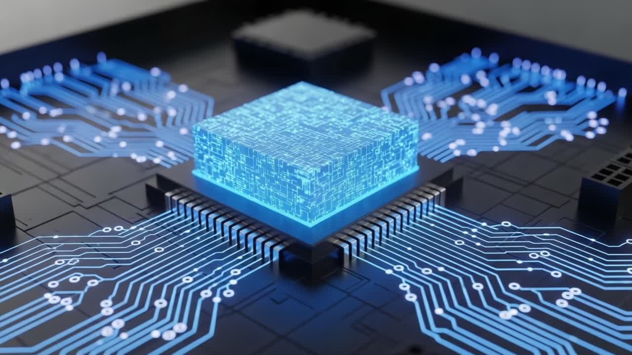 Futuristic Concept of a Microchip Surrounded by Intricate Circuitry: A Close-Up View of Technology and Digital Innovation in a High-Tech Environment