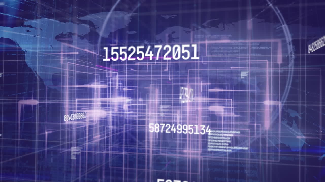Animation of data processing and network of connections over world map on black background