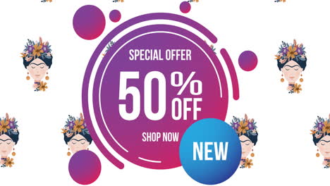 animación de una oferta especial 50% de descuento en texto sobre círculo y rostros femeninos sobre fondo blanco