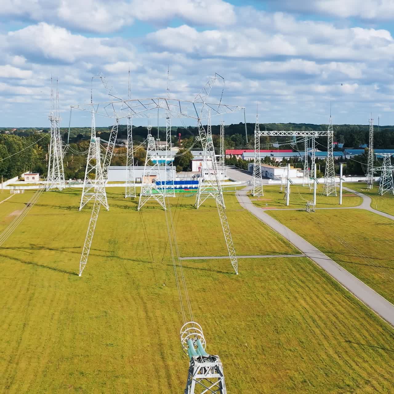 Electrical power distribution system. Aerial view of electric high voltage construction