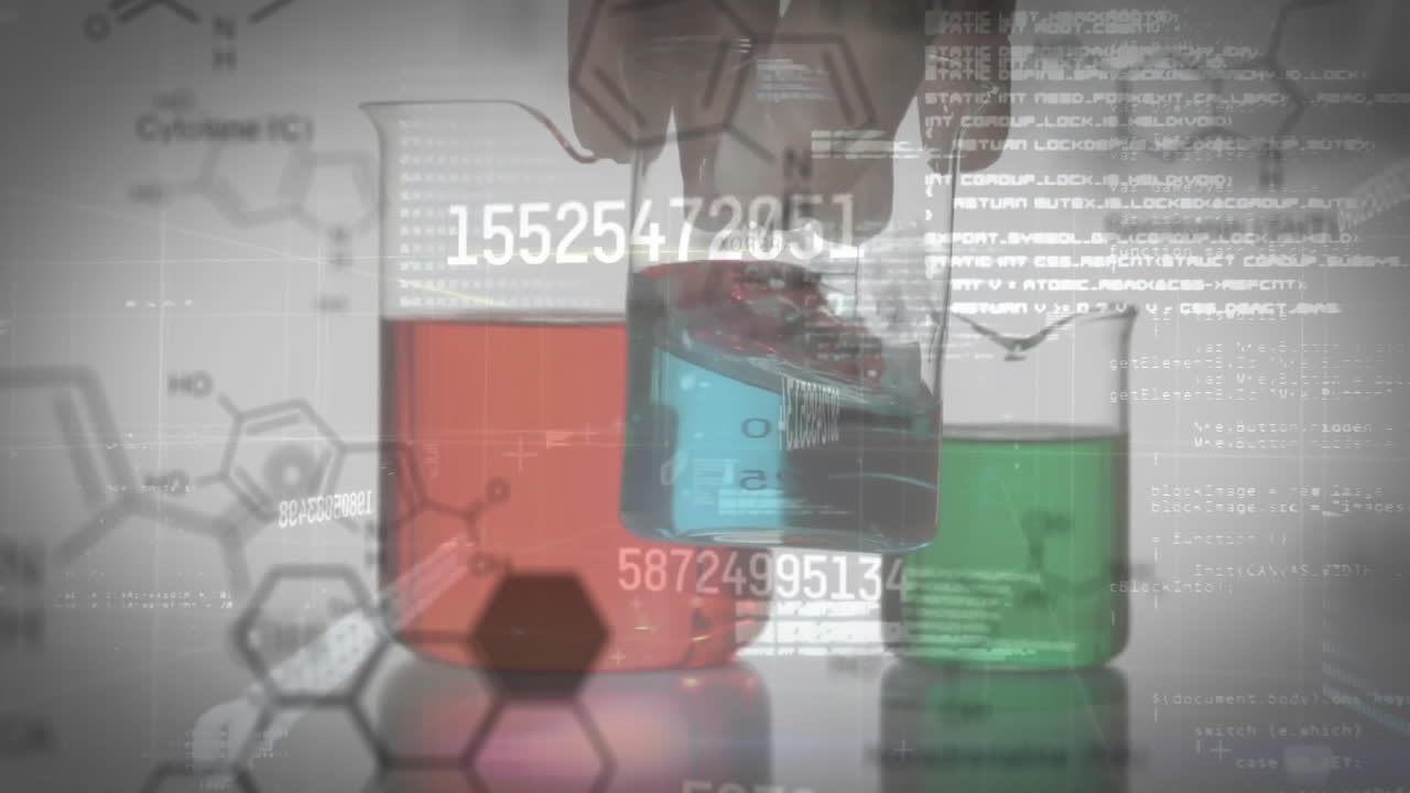 animación del procesamiento de datos científicos en vasos de laboratorio