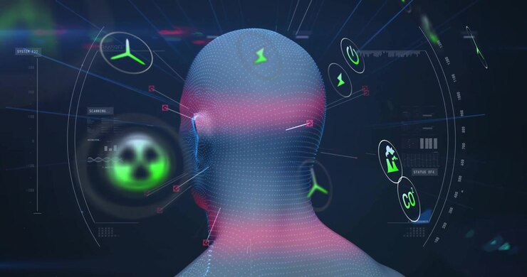 On play start wireframe head appearing while icons orbiting connecting markers visualizing scanning