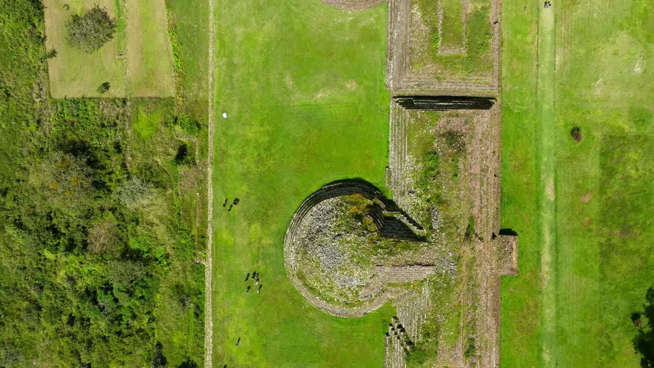 DRONE: TOP-DOWN VIEW OF THE TZINTZUNTZAN ARCHEOLOGIC CENTER AT PATZCUARO LAKE IN MICHOACAN