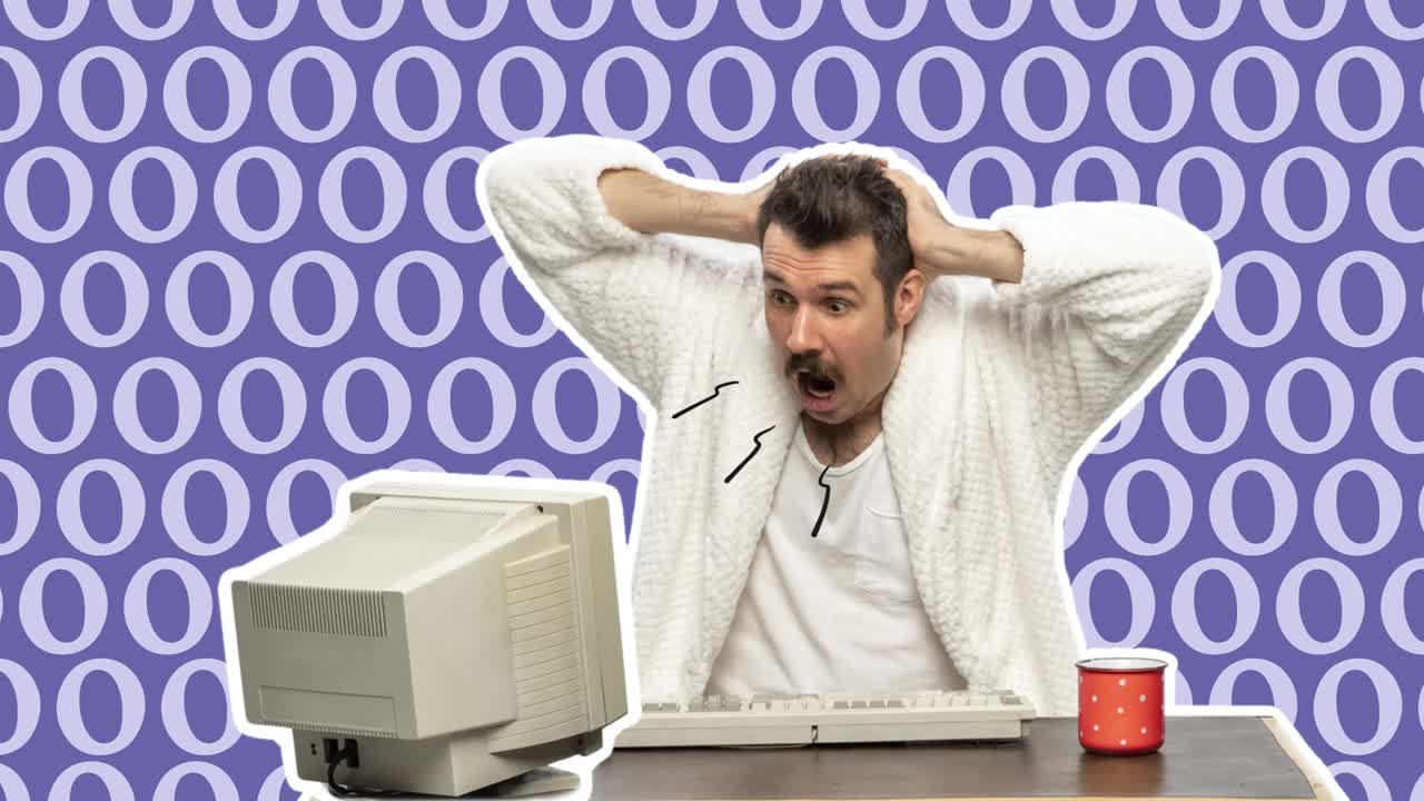 컴퓨터와 레트로 모니터 앞에 앉아있는 남자. 놀랐거나 놀랐던 재미있는 프리랜서 또는 집에서 인터넷을 사용하는 사무실 직원. 루프 애니메이션. 4k. 스 모션 디자인, 2d 애니메이션. 비즈니스 개념