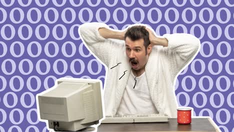man sitting at computer and retro monitor. surprised or astonished funny freelancer or office worker using internet at home. looped animation. 4k. stop motion design, 2d animation. business concept