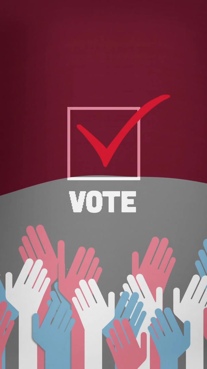 Animation of raised hands in red, white, and blue with VOTE and checkmark
