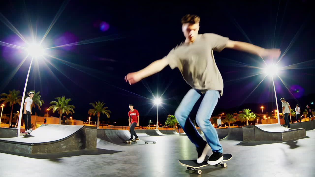 Azione di skateboarding in uno skatepark notturno