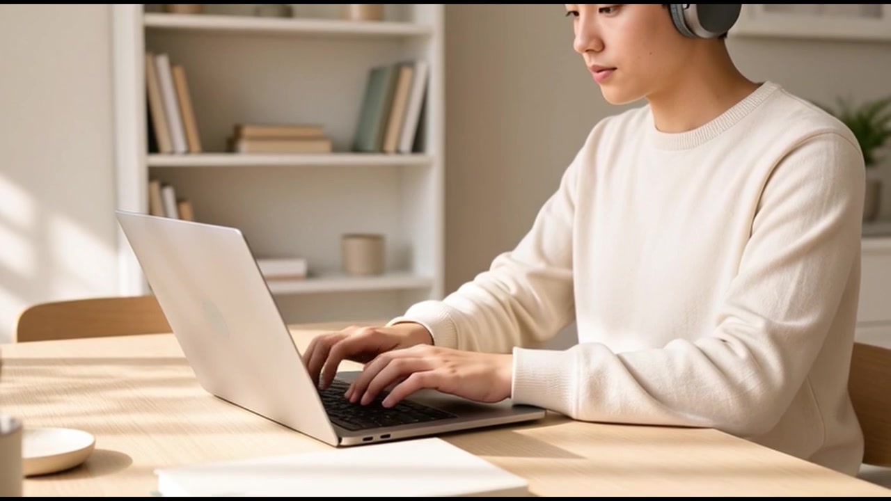 自宅の机でノートパソコンの作業を始める若い男性
