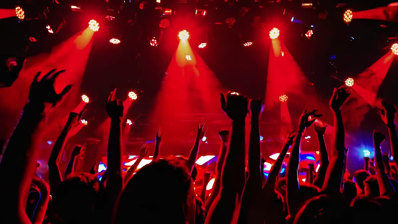 Scena di concerto vibrante con mani alzate e luci colorate.