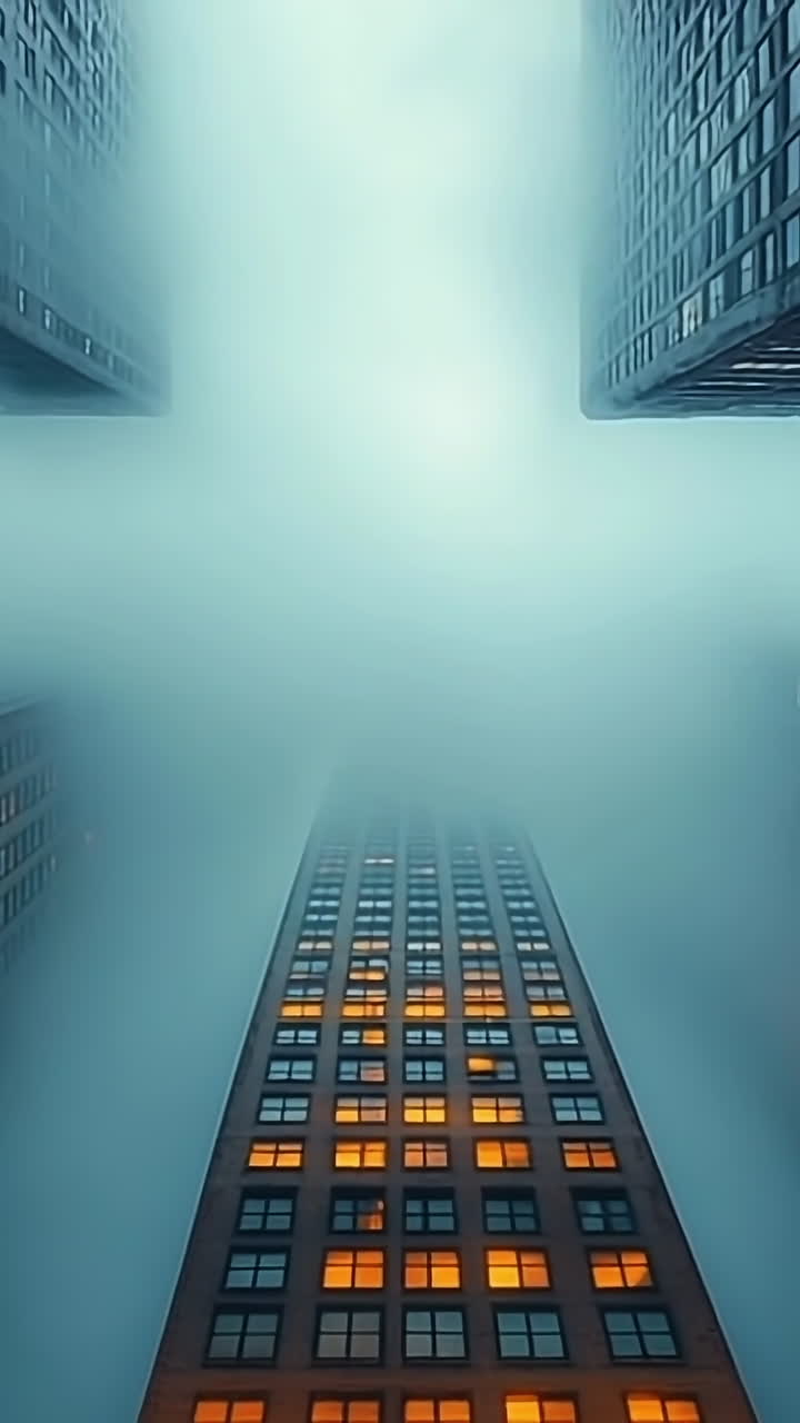 Buildings surrounded by fog in the city. Tall buildings rise into the thick fog, their illuminated windows glowing against the gray surroundings.
