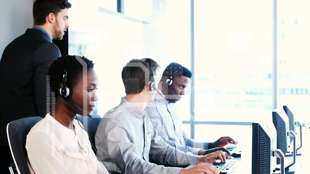 Animation of digital markers processing over business people using phone headsets
