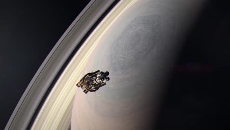 a large spaceship passing by the gas giant of saturn