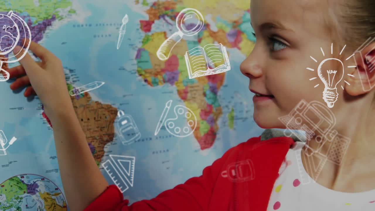 animación de iconos escolares de educación sobre diversos escolares en el aula