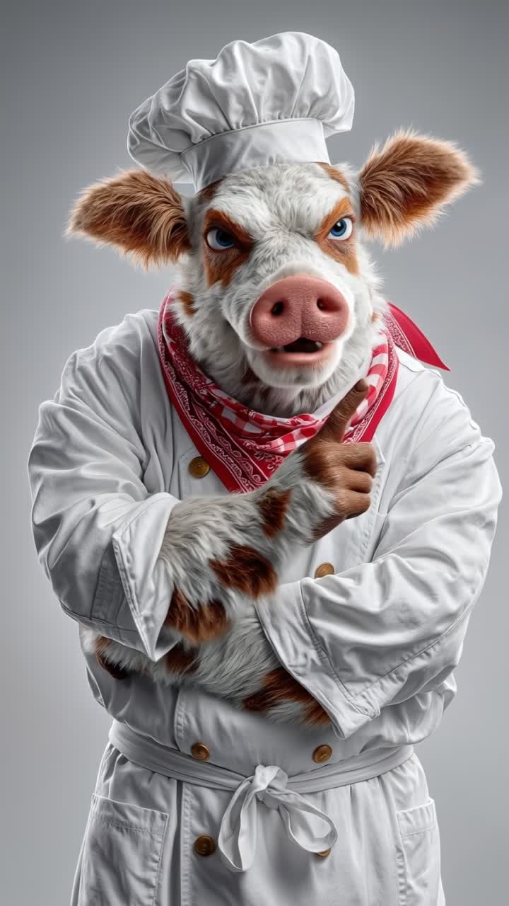 Whimsical anthropomorphic pig character dressed as a professional chef in a white uniform thinking in the kitchen