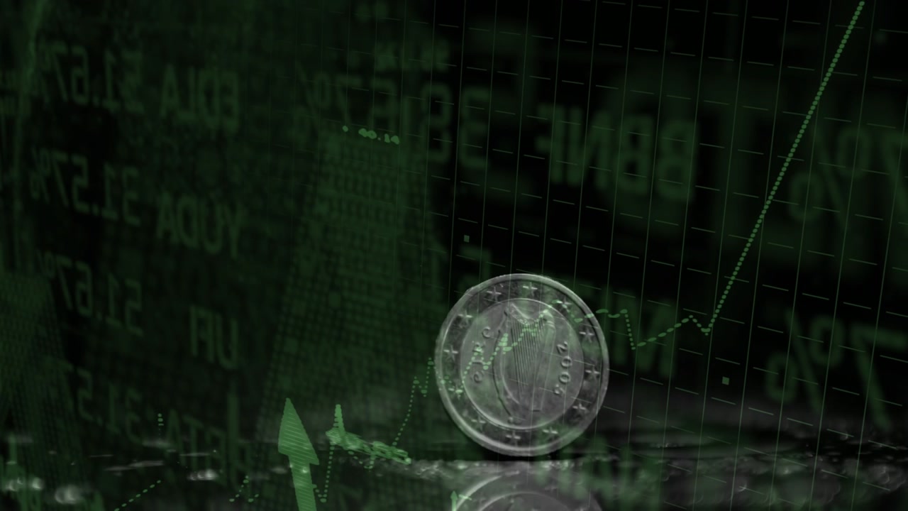 Coin starting lower center, flipping on black mirror while green chart rising, signaling growth