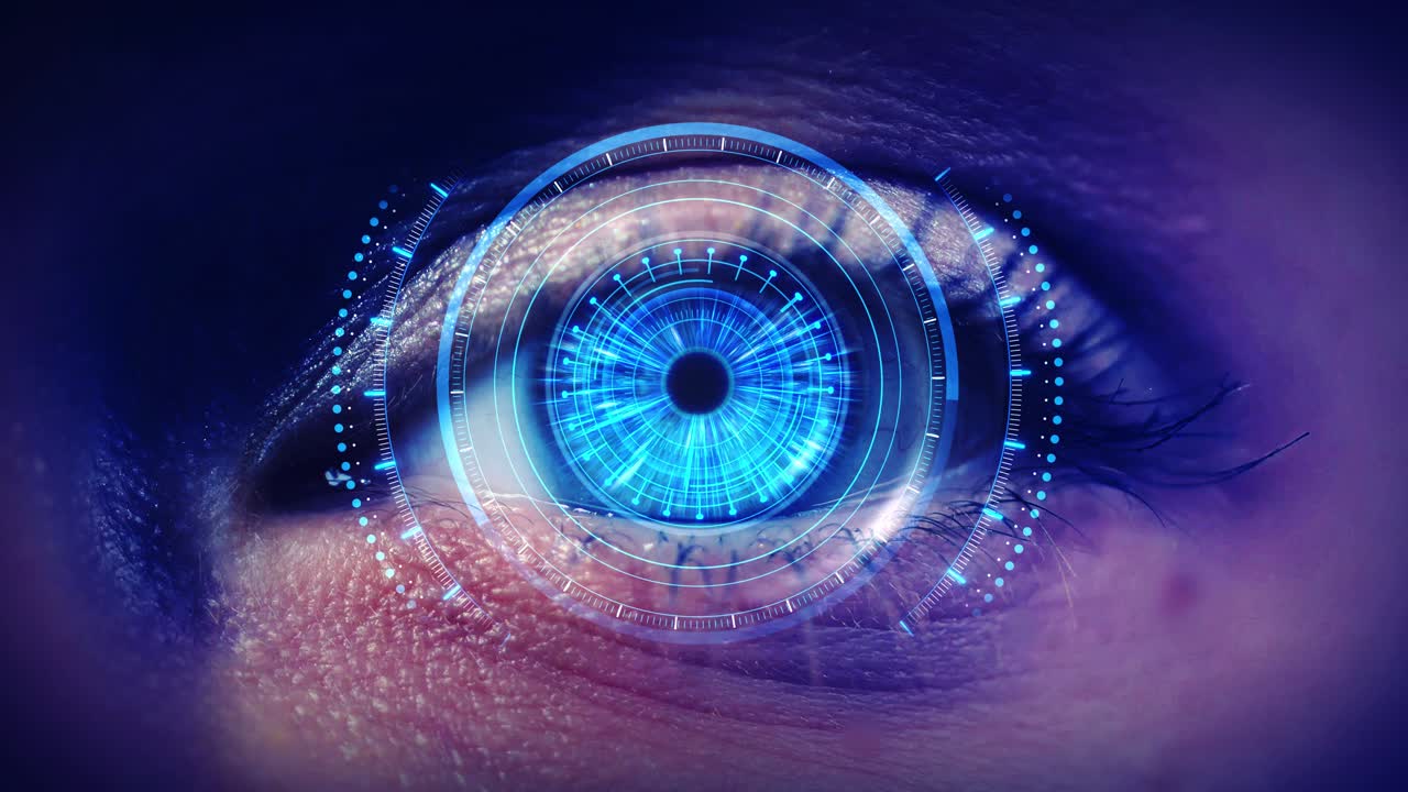 Tecnologia digitale avanzata per l'occhio umano con tonalità blu, grafica futuristica e visione avanzata