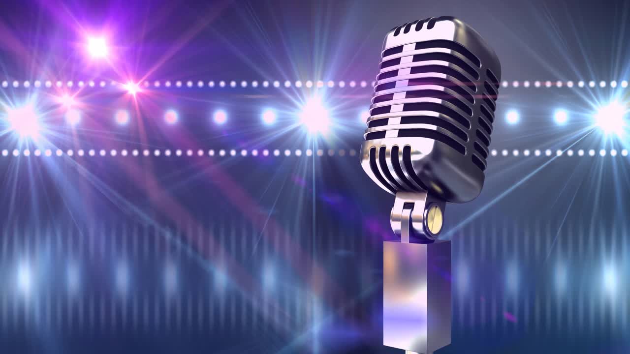 빛의 반 ⁇ 이는 반점 위에 레트로 마이크를 통해 네온 맥주의 애니메이션