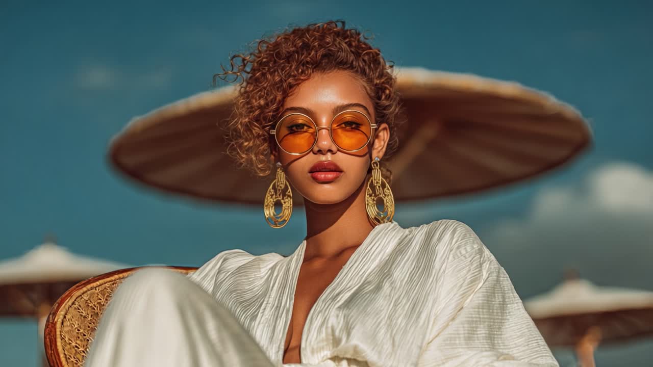 A chic young woman poses confidently outdoors, wearing stylish round sunglasses and large earrings, showcasing a sense of fashion and elegance in a sunny setting