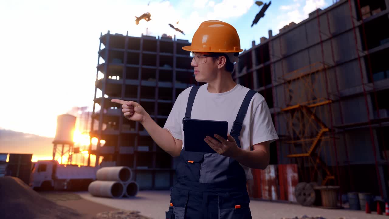 trabajador asiático usando una tableta y apuntando hacia un lado en el sitio de construcción