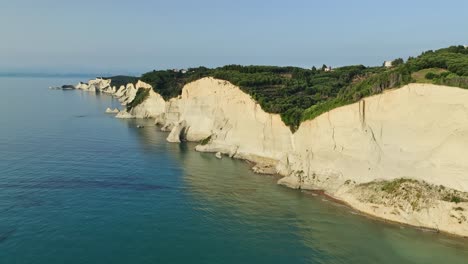 Acantilados-Costeros-De-La-Isla-De-Corfú-Con-Exuberante-Vegetación-Con-Vistas-Al-Mar-Jónico,-Vista-Aérea