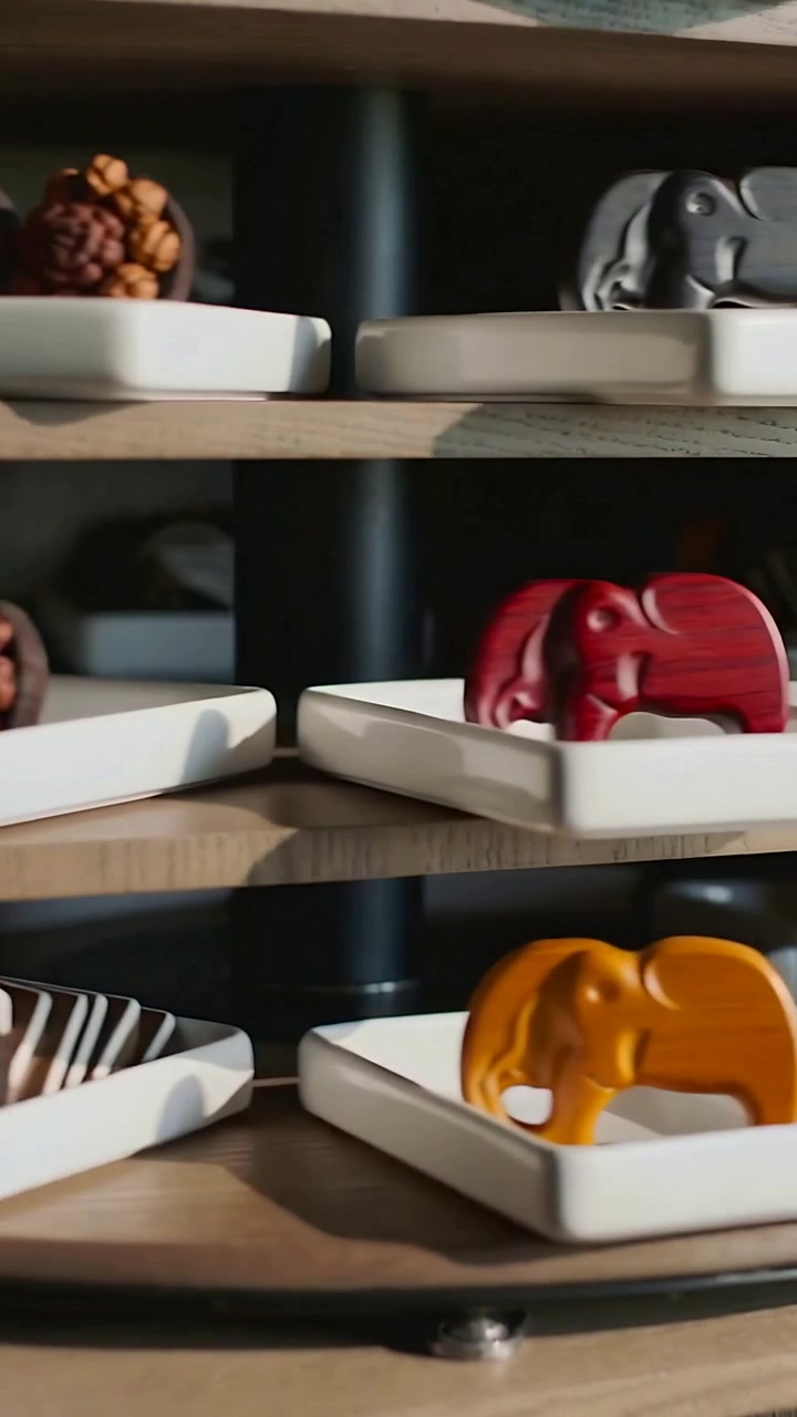 Vertical video: Rotating wooden display showing white dishes, beads and elephant ornaments at shop