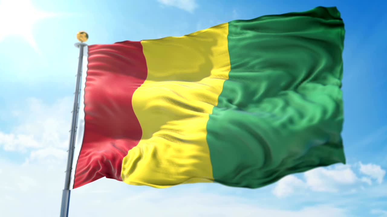 Guinea flag seamless looping 3D rendering video. Beautiful textile cloth fabric loop waving