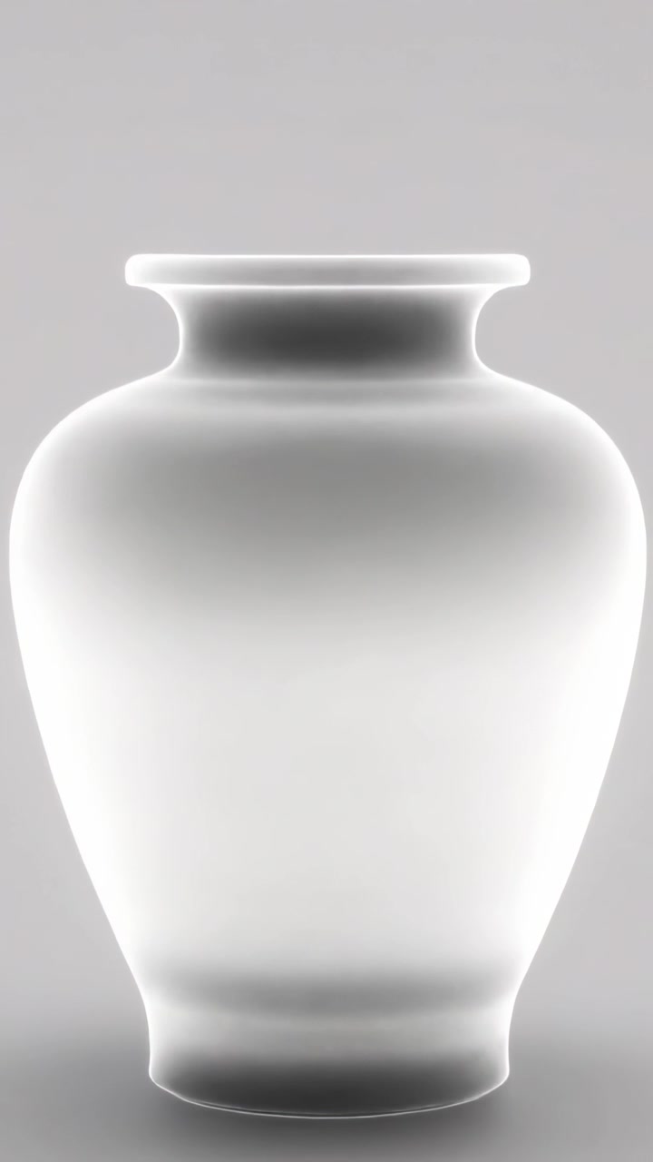 Video verticale: Luci cangianti che illuminano un vaso a forma di anfora su sfondo grigio, rivelando un bordo a forma di alone e anelli.