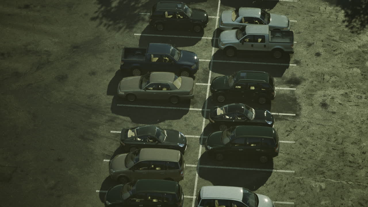 Cars park in a structured layout at a parking lot in the afternoon sun