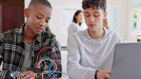 teen students, robotics and laptop in school