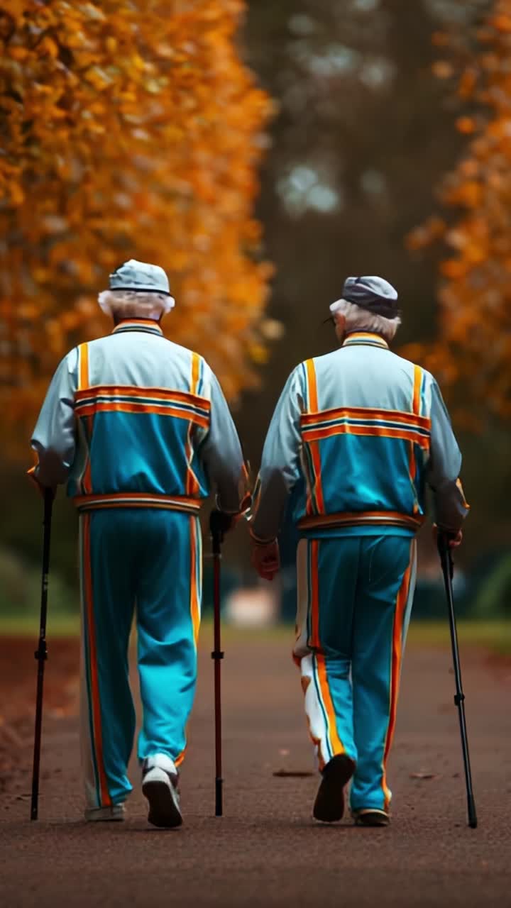Dois homens idosos caminhando juntos por uma trilha outonal pitoresca, aproveitando seu exercício diário enquanto estão cercados por folhas laranjas coloridas e árvores altas