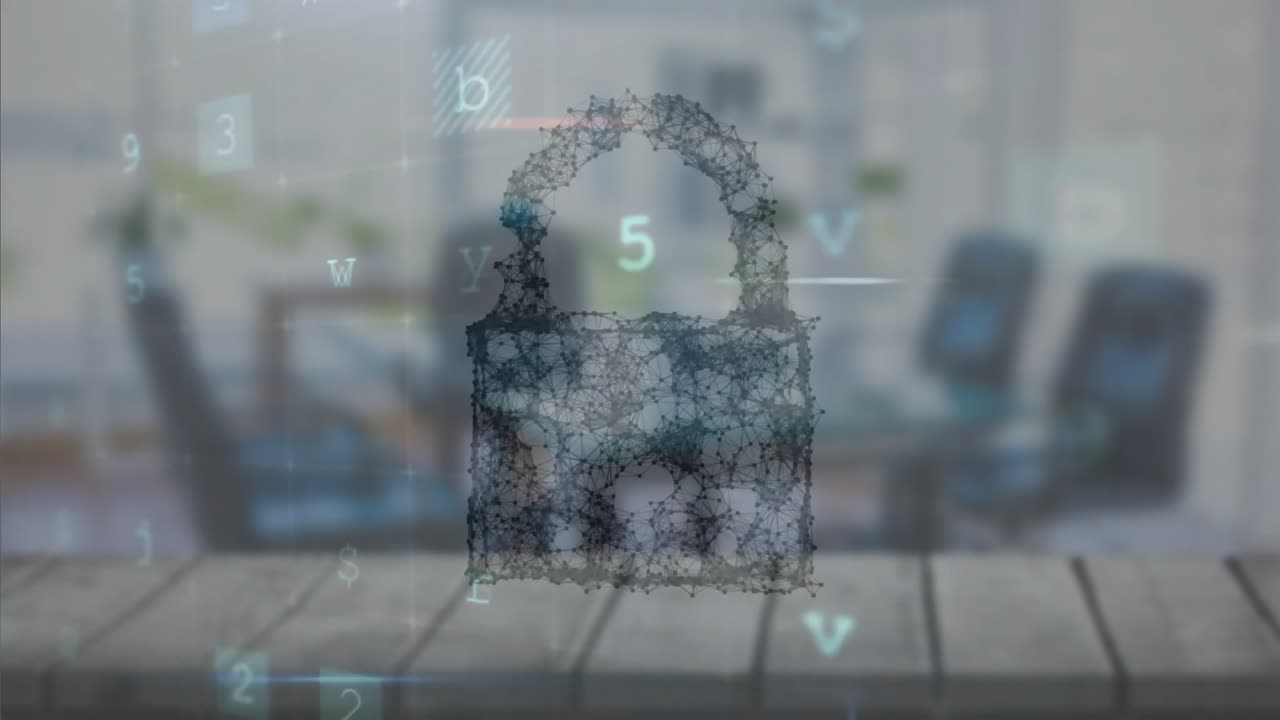 animación del texto de advertencia de seguridad cibernética y el candado sobre la oficina