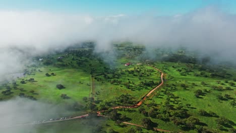 aerial view of foggy green countryside