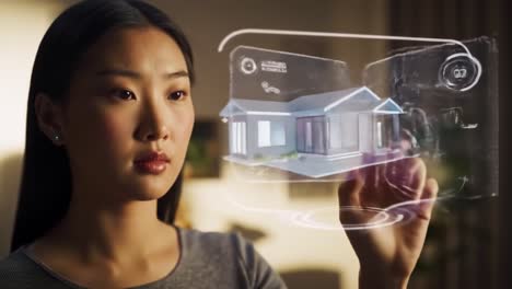 a thoughtful young woman engages with innovative technology, visualizing a home environment through an interactive holographic display in a cozy indoor setting