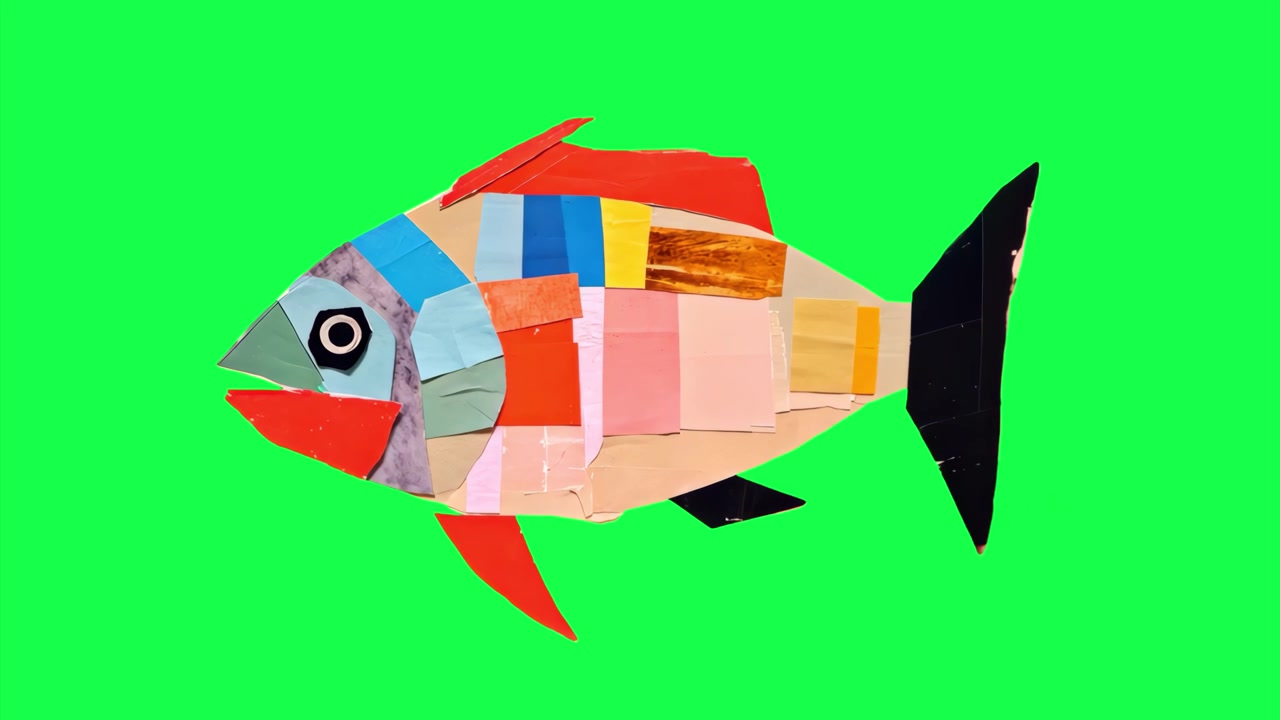 Pesce colorato in collage di carta su sfondo green screen
