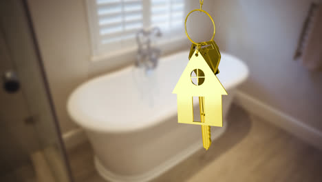 animation of gold key and house key ring over blurred house interior