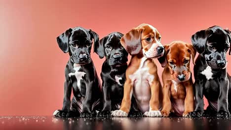 un grupo de cachorros sentados en una fila sobre un fondo rojo