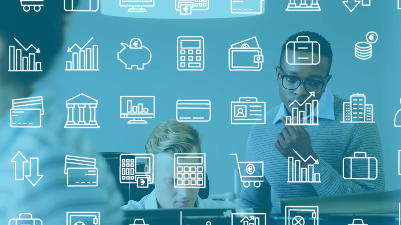 Team aziendale eterogeneo che collabora in un ufficio moderno con grafici finanziari