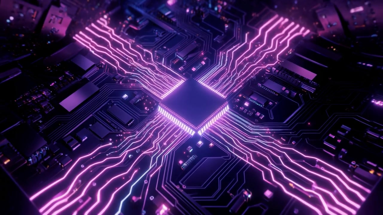 Futuristic Computer Processor Chip with Glowing Data Streams