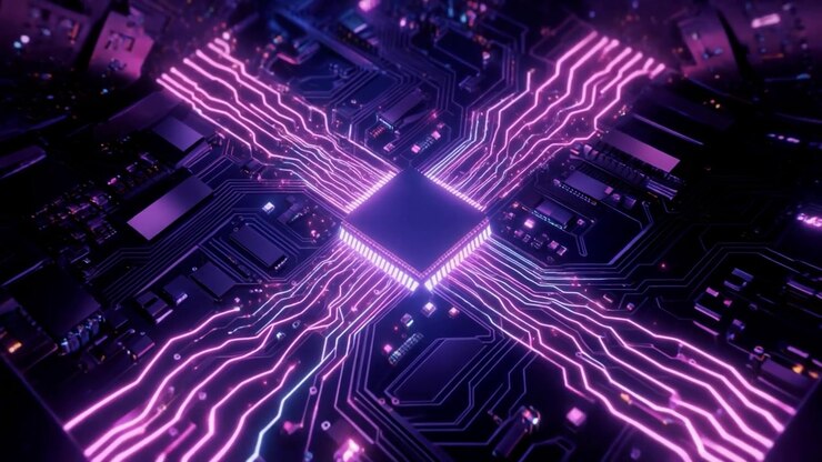 Chip Processore di Computer Futuristico con Flussi di Dati Luminosi