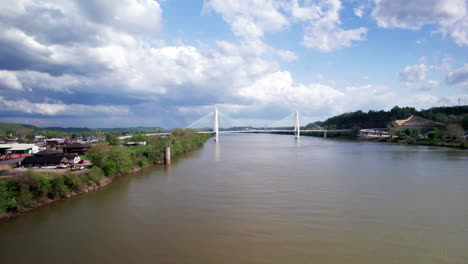 AERIAL---Ironton-Russell-Bridge,-Ohio-River,-Ironton,-Ohio,-forward-approach-shot