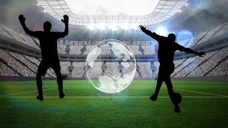 animation of silhouettes of football players kicking ball and globe over sports stadium