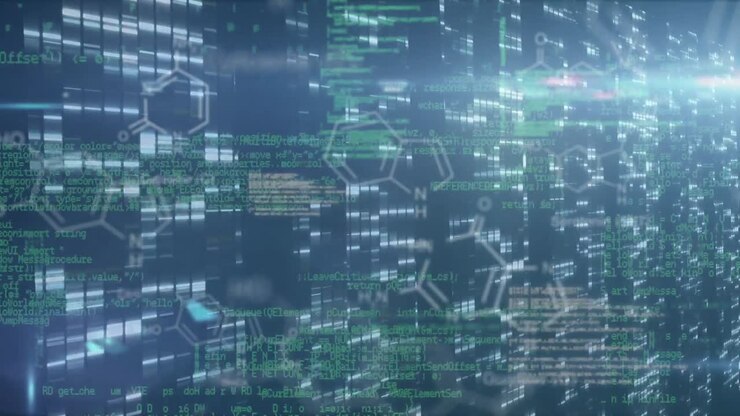 Animation of moving columns over chemical formula and data processing on black background