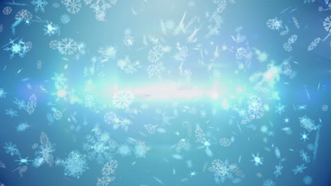animación de copos de nieve blancos que caen sobre luces brillantes sobre un fondo azul